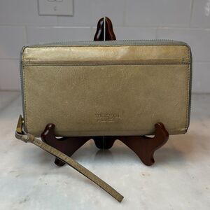 MARGOT New York Gabby Zip Around Wallet Wristlet Leather Neutral Beige Gold